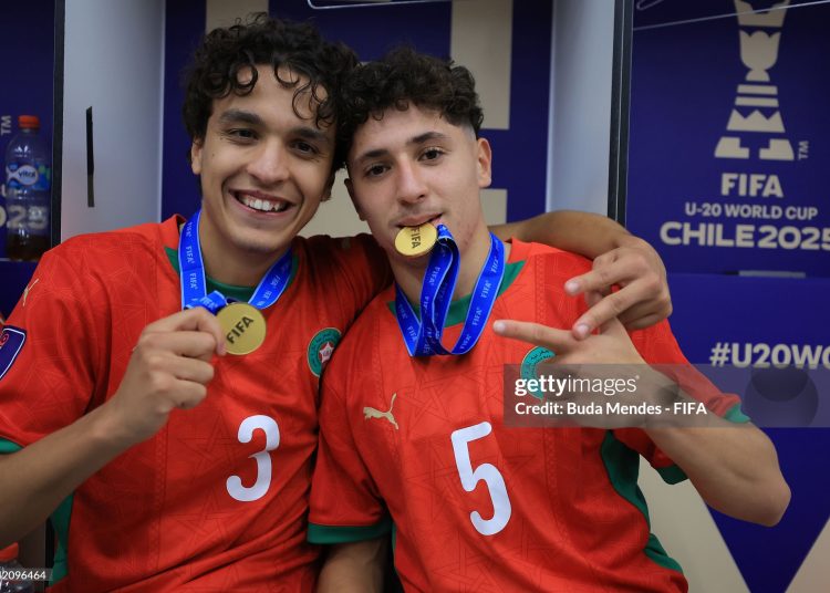 Ali Maamar and Anas Tajaouart of Morocco celebrate with the winner's medal after the FIFA U-20 World Cup Chile 2025 final match between Argentina and Morocco (Photo by Buda Mendes - FIFA/FIFA via Getty Images)