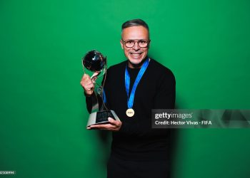 Mohamed Ouahbi, Head Coach of Morocco poses for a portrait following their win over Argentina in the FIFA U-20 World Cup Chile 2025 final (Photo by Hector Vivas - FIFA/FIFA via Getty Images)