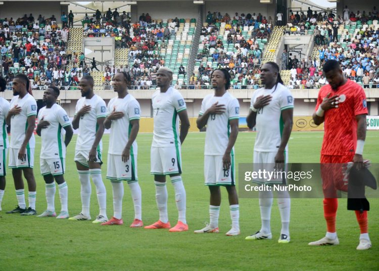 The Nigeria team lines up during the 2026 FIFA World Cup Qualifier match between Nigeria's Super Eagles and Rwanda's Amavubi, which Nigeria wins 1-0, at Godswill Akpabio Stadium in Uyo, Akwa Ibom State, Nigeria, on September 6, 2025. (Photo by Adekunle Ajayi/NurPhoto via Getty Images)