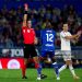 Allan Nyom of Getafe CF gets a red card during the LaLiga EA Sports match between Getafe CF and Real Madrid CF (Photo by Diego Souto/Getty Images)