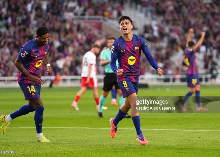Pedri of FC Barcelona celebrates scoring his team's first goal during the LaLiga EA Sports match between FC Barcelona and Girona (Photo by Alex Caparros/Getty Images)