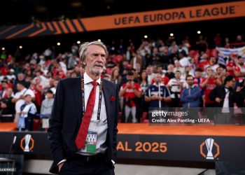 Sir Jim Ratcliffe, minority shareholder of Manchester United and CEO of INEOS, looks on prior to the UEFA Europa League Final 2025 between Tottenham Hotspur and Manchester United (Photo by Alex Pantling - UEFA/UEFA via Getty Images)