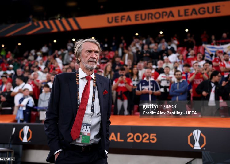 Sir Jim Ratcliffe, minority shareholder of Manchester United and CEO of INEOS, looks on prior to the UEFA Europa League Final 2025 between Tottenham Hotspur and Manchester United (Photo by Alex Pantling - UEFA/UEFA via Getty Images)