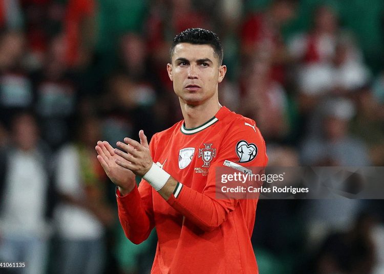 Cristiano Ronaldo of Portugal applauds the fans after the draw in the FIFA World Cup 2026 qualifier match between Portugal and Hungary (Photo by Carlos Rodrigues/Getty Images)