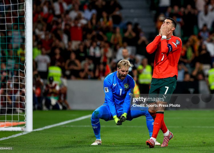 Caoimhin Kelleher of Republic of Ireland reacts after the missed penalty by Cristiano Ronaldo of Portugal  during the FIFA World Cup 2026 qualifier match between Portugal and Republic of Ireland (Photo by Valter Gouveia/Sports Press Photo/Getty Images)