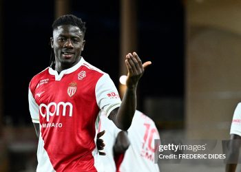 Monaco's Ghanaian defender #22 Mohammed Salisu celebrates after scoring a goal during the French L1 football match (Photo by FREDERIC DIDES/AFP via Getty Images)