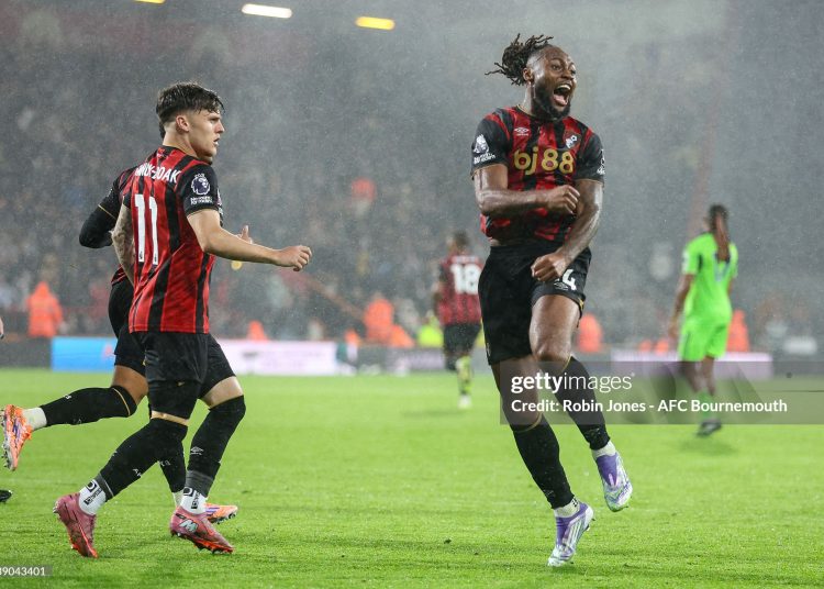 Antoine Semenyo of Bournemouth celebrates after he scores a goal to make it 1-1 during the Premier League match between Bournemouth and Fulham (Photo by Robin Jones - AFC Bournemouth/AFC Bournemouth via Getty Images)