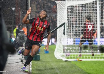 Antoine Semenyo of Bournemouth celebrates after he scores a goal to make it 1-1 during Premier League match (Photo by Robin Jones - AFC Bournemouth/AFC Bournemouth via Getty Images)