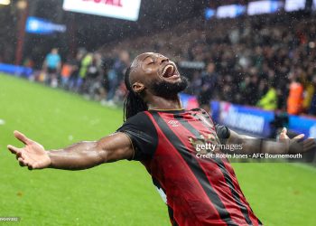 Antoine Semenyo of Bournemouth celebrates after he scores a goal to make it 3-1 during the Premier League match between Bournemouth and Fulham (Photo by Robin Jones - AFC Bournemouth/AFC Bournemouth via Getty Images)