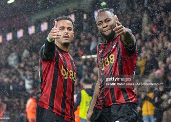 Antoine Semenyo of Bournemouth celebrates after he scores a goal to make it 3-1 with fellow scorer Justin Kluivert during the Premier League match between Bournemouth and Fulham (Photo by Robin Jones - AFC Bournemouth/AFC Bournemouth via Getty Images)