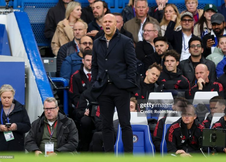 Head Coach Arne Slot of Liverpool during the Premier League match between Chelsea and Liverpool (Photo by Robin Jones/Getty Images)