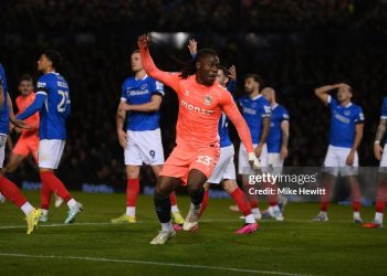 Brandon Thomas-Asante of Coventry City celebrates after opening the scoring during the Sky Bet Championship match between Portsmouth and Coventry City (Photo by Mike Hewitt/Getty Images)