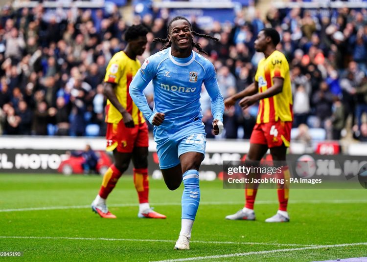 Coventry City's Brandon Thomas-Asante celebrates after scoring his sides first goal during Sky Bet Championship match (Photo by Jacob King/PA Images via Getty Images)
