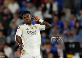 Vinicius Junior left winger of Real Madrid and Brazil gestures during the LaLiga EA Sports match between Getafe CF and Real Madrid CF (Photo by Jose Breton/Pics Action/NurPhoto via Getty Images)