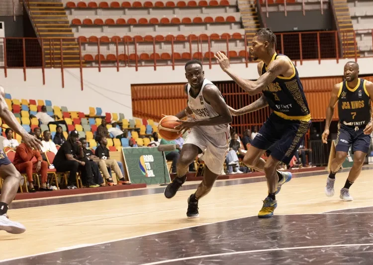 James Amotoe of Ghana's Spintex Knights attempts shot against Jeunesse Basketball in RoadToBAL 26 Photo Courtesy: FIBA