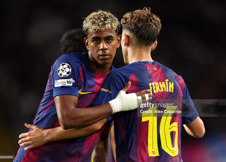 Fermin Lopez of FC Barcelona celebrates scoring his team's second goal with teammate Lamine Yamal during the UEFA Champions League 2025/26 League Phase MD3 match between FC Barcelona and Olympiacos FC (Photo by Alex Caparros/Getty Images)