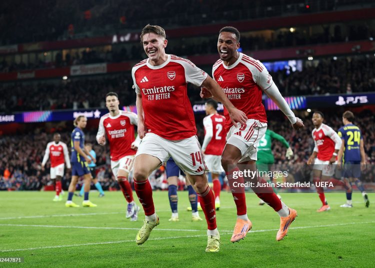 Viktor Gyoekeres of Arsenal celebrates scoring his team's fourth goal with teammate Gabriel during the UEFA Champions League 2025/26 League Phase MD3 match between Arsenal FC and Atletico de Madrid (Photo by Justin Setterfield - UEFA/UEFA via Getty Images)