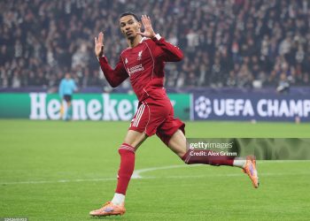 Hugo Ekitike of Liverpool celebrates scoring his team's first goal and apologises to fans of his former club, during the UEFA Champions League 2025/26 League Phase MD3 match between Eintracht Frankfurt and Liverpool FC (Photo by Alex Grimm/Getty Images)