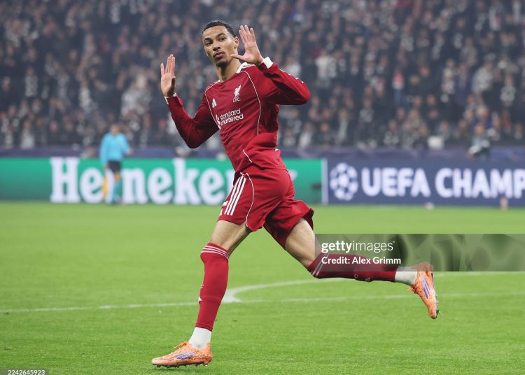 Hugo Ekitike of Liverpool celebrates scoring his team's first goal and apologises to fans of his former club, during the UEFA Champions League 2025/26 League Phase MD3 match between Eintracht Frankfurt and Liverpool FC (Photo by Alex Grimm/Getty Images)