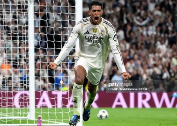 Jude Bellingham of Real Madrid celebrates scoring his team's first goal during the UEFA Champions League 2025/26 League Phase MD3 match between Real Madrid C.F. and Juventus (Photo by David Ramos - UEFA/UEFA via Getty Images)