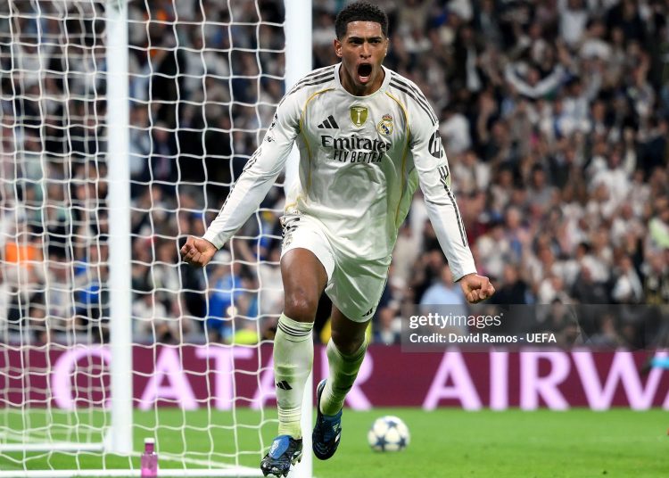 Jude Bellingham of Real Madrid celebrates scoring his team's first goal during the UEFA Champions League 2025/26 League Phase MD3 match between Real Madrid C.F. and Juventus (Photo by David Ramos - UEFA/UEFA via Getty Images)