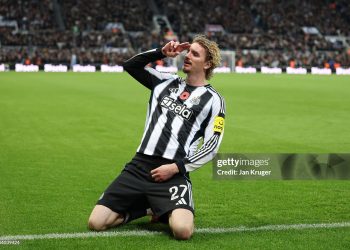 Nick Woltemade of Newcastle United celebrates scoring his team's second goal during the Carabao Cup Fourth Round match between Newcastle United and Tottenham Hotspur (Photo by Jan Kruger/Getty Images)