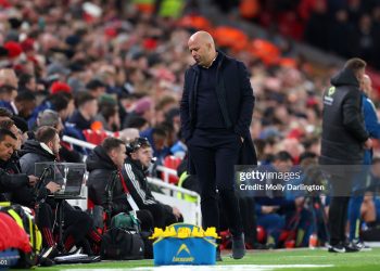 Arne Slot, Manager of Liverpool, reacts during the Premier League match between Liverpool and Nottingham Forest (Photo by Molly Darlington/Getty Images)
