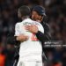 Vincent Kompany, Head Coach of Bayern Munich, and Dayot Upamecano of Bayern Munich celebrate after the team's victory in the UEFA Champions League 2025/26 League Phase MD4 match between Paris Saint-Germain and FC Bayern Münch (Photo by Julian Finney - UEFA/UEFA via Getty Images)