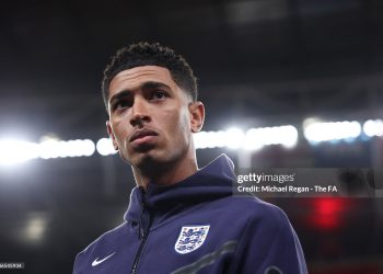 Jude Bellingham of England looks on prior to the FIFA World Cup 2026 qualifier match between England and Serbia (Photo by Michael Regan - The FA/The FA via Getty Images)
