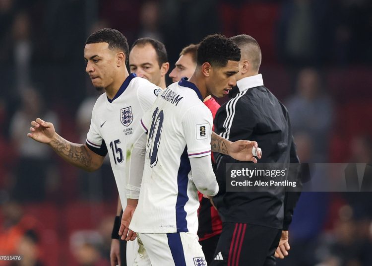 Jude Bellingham of England is replaced as a substitute by Morgan Rogers during the FIFA World Cup 2026 qualifier match between Albania and England (Photo by Alex Pantling/Getty Images)