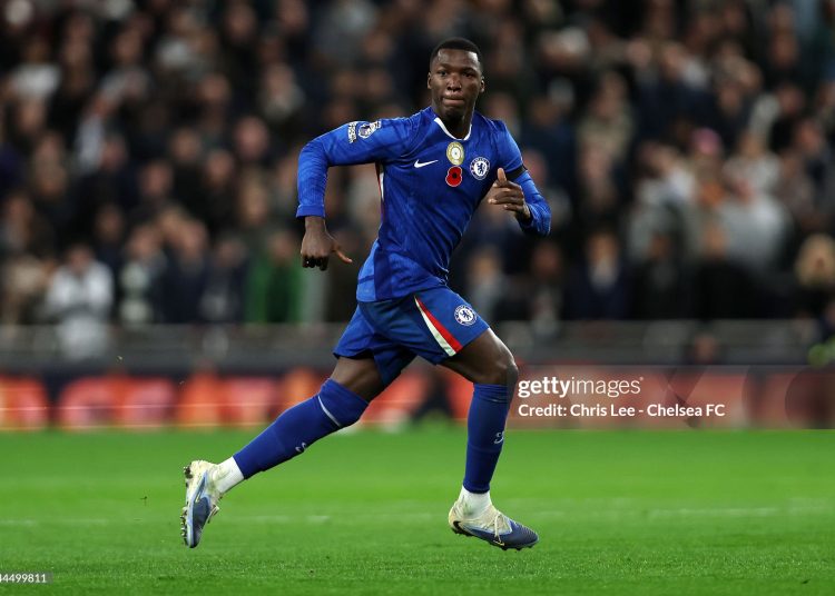 Moises Caicedo of Chelsea looks on during the Premier League match between Tottenham Hotspur and Chelsea (Photo by Chris Lee - Chelsea FC/Chelsea FC via Getty Images)