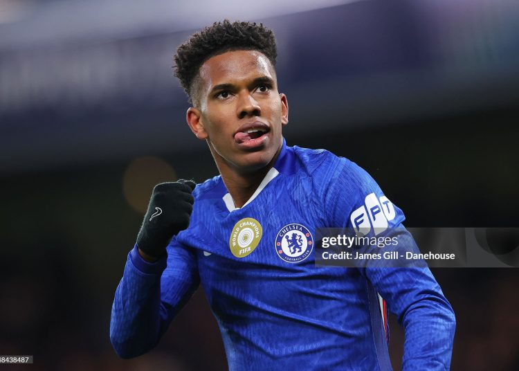 Estevao Willian of Chelsea celebrates after scoring their side's second goal during the UEFA Champions League 2025/26 League Phase MD5 match between Chelsea FC and FC Barcelona (Photo by James Gill - Danehouse/Getty Images)