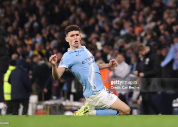 Phil Foden of Manchester City celebrates scoring his team's third goal during the Premier League match between Manchester City and Leeds United (Photo by Carl Recine/Getty Images)