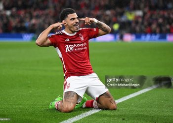 Morgan Gibbs-White of Nottingham Forest celebrates scoring his team's third goal during the Premier League match (Photo by Michael Regan/Getty Images)
