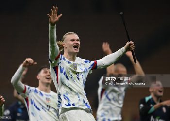 Erling Haaland of Norway celebrates at the end of the match of  the FIFA World Cup 2026 qualifier match between Italy  and Norway (Photo by Image Photo Agency/Getty Images)