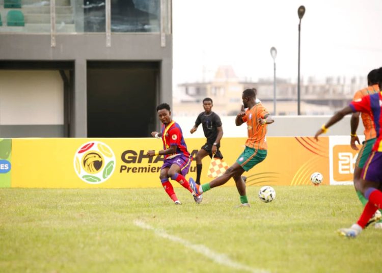 Shot from Hearts game against Vision FC (orange and green) Photo Courtesy: Hearts of Oak