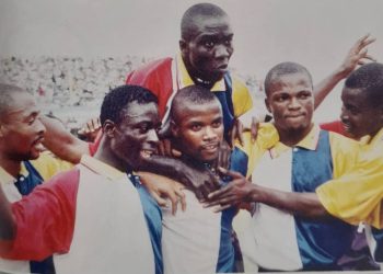 Charles Taylor (extreme left) Ishmael Addo (second from left), Bernard Don Bortey (behind) celebrate Hearts of Oak goal