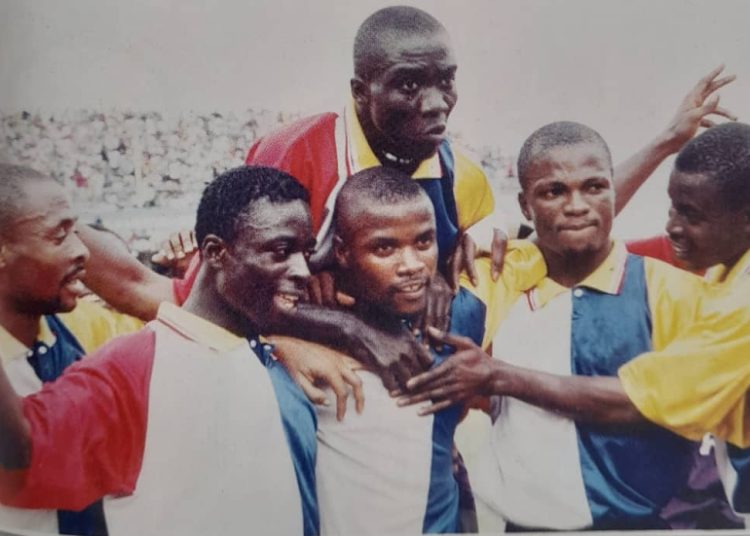 Charles Taylor (extreme left) Ishmael Addo (second from left), Bernard Don Bortey (behind) celebrate Hearts of Oak goal