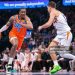 Jalen Williams #8 of the Oklahoma City Thunder brings the ball up court around Collin Gillespie #12 of the Phoenix Suns (Photo by William Purnell/Getty Images)