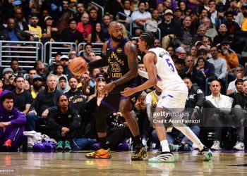 LeBron James #23 of the Los Angeles Lakers dribbles the ball during the game against the Utah Jazz (Photo by Adam Pantozzi/NBAE via Getty Images)