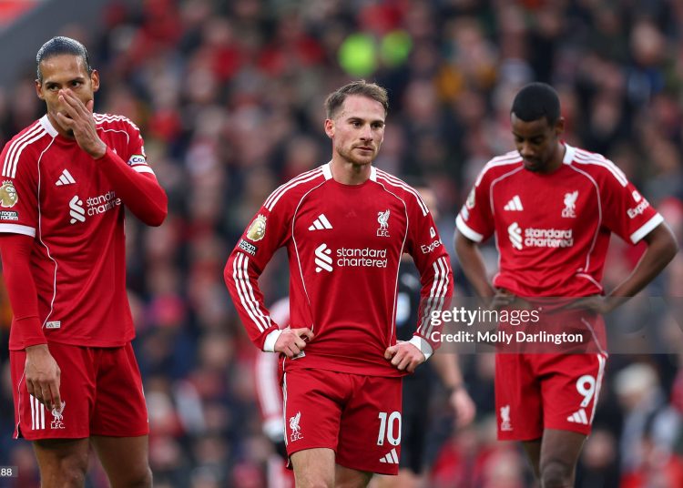 Virgil van Dijk, Alexis Mac Allister and Alexander Isak of Liverpool look dejected following the Premier League match between Liverpool and Nottingham Forest (Photo by Molly Darlington/Getty Images)