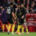 Amad Diallo of Manchester United celebrates scoring his team's second goal with teammates Noussair Mazraoui and Matheus Cunha during the Premier League match between Nottingham Forest and Manchester United (Photo by Michael Regan/Getty Images)