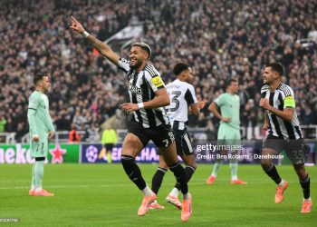 Joelinton of Newcastle United celebrates after scoring their side's second goal during the UEFA Champions League 2025/26 League Phase MD4 match between Newcastle United FC and Athletic Club (Photo by Ben Roberts - Danehouse/Getty Images)