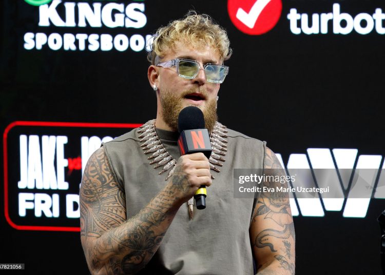 Jake Paul speaks during a press conference for Jake Paul v Anthony Joshua (Photo by Eva Marie Uzcategui/Getty Images for Netflix)