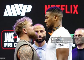 Jake Paul and Anthony Joshua face off during a press conference for Jake Paul v Anthony Joshua (Photo by Eva Marie Uzcategui/Getty Images for Netflix)
