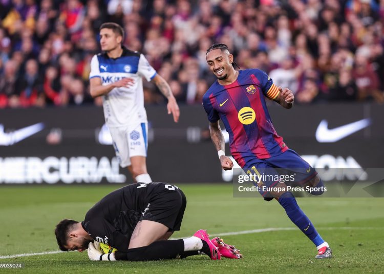 Raphinha of FC Barcelona gestures during the Spanish league, La Liga EA Sports, football match played between FC Barcelona and Deportivo Alaves (Photo By Javier Borrego/Europa Press via Getty Images)