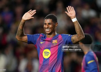 Marcus Rashford of FC Barcelona celebrates scoring his team's third goal during the LaLiga EA Sports match between FC Barcelona and Elche CF (Photo by Alex Caparros/Getty Images)