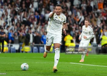 Kylian Mbappe of Real Madrid celebrates scoring his team's second goal during the LaLiga EA Sports match between Real Madrid CF and Valencia (Photo by Angel Martinez/Getty Images)