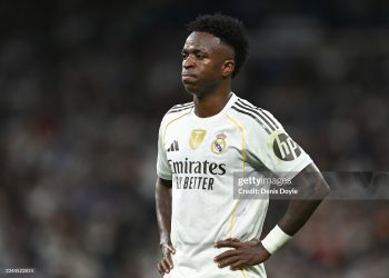 Vinicius Junior of Real Madrid looks on during the LaLiga EA Sports match between Real Madrid CF and Valencia CF (Photo by Denis Doyle/Getty Images)