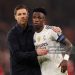 Xabi Alonso, Head Coach of Real Madrid, consoles Vinicius Junior of Real Madrid after the team's defeat in the UEFA Champions League 2025/26 League Phase MD4 match between Liverpool FC and Real Madrid C.F. (Photo by Carl Recine/Getty Images)